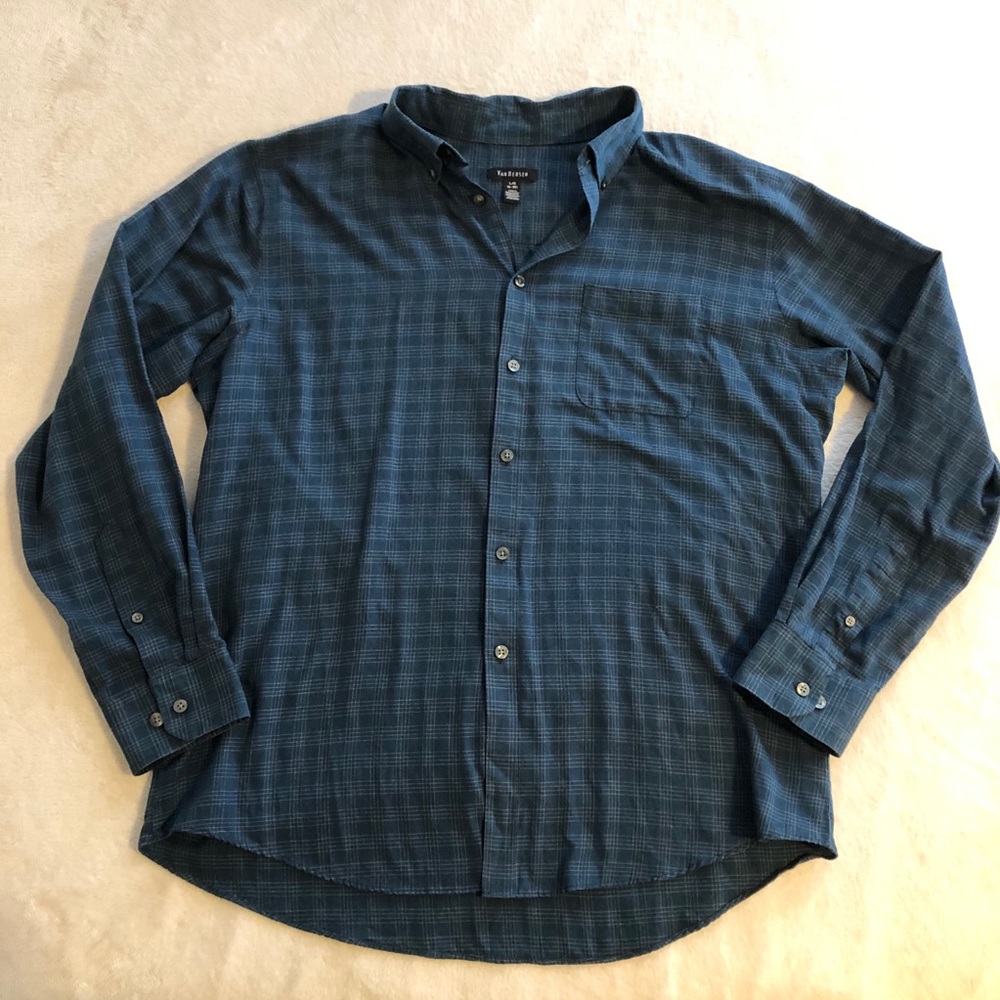 VanHeusen blue & cream plaid button down top sz L - Picture 3 of 8